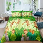 Loussiesd Bettwäsche-Set Kinder Affen Cartoon Wildtiermuster 100x135cm Mehrfarbig Microfaser