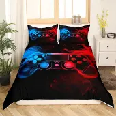 Homewish Bettwäsche-Set 155x220 cm, Wendbar, Joysticks & Retro Spielmaschine Design, Rot Blau