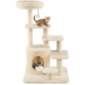 FANTASK Kratzbaum Holz, Katzenbaum Höhle mit Sisal-Kratzpfosten & Plattformen, 7