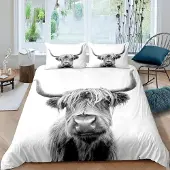 Homewish Bettwäsche Set 200x200 cm Hochlandkuh Waldtiere Grau Mikrofaser 3-teilig