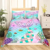 Homewish Bettwäsche Set Meerjungfrauen Schwanz Fischschuppen 200x200 cm Regenbogen Pastellrosa 3-teilig