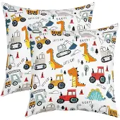 Loussiesd Kissenbezüge 45x45cm 2er Set Kinder Cartoon Dinosaurier Baufahrzeuge Mehrfarbig