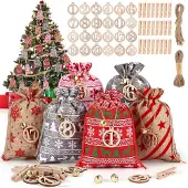 OCreon Adventskalender zum Selbstgestalten und Aufhängen – DIY-Adventskalender – Stoffbeutel mit Holzverschlüssen – Hanfseil