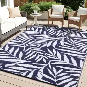 Smiry Outdoor Teppich Blätter Muster Wetterfest 270x360cm Marine Blau & Weiß
