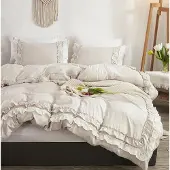 GETIYA Bettwäsche-Set 155x220cm 80x80cm Romantisch Rüschen Khaki Weiß Mikrofaser
