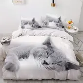 YASMENG Bettwäsche Set Katze 220x240cm Weiß Microfaser 2 Kissenbezüge 80x80cm