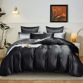 YASMENG Satin Bettwäsche 220x240 cm Schwarz Dunkelgrau Wendebettwäsche 3-teilig mit Reißverschluss