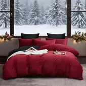 YASMENG Winter Bettwäsche 135x200 cm Weinrot Schwarz Flanell 2-teilig mit Reißverschluss