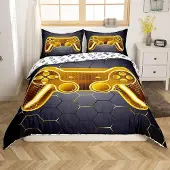 Loussiesd Bettwäsche-Set 200x200cm mit Game Controller Motiv Gelb Schwarz Wendbar 3-teilig Mikrofaser