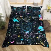 Loussiesd Bettwäsche Set 220x240cm mit Katzen & Weltraum Motiv Mikrofaser 2 Kissenbezüge Mehrfarbig