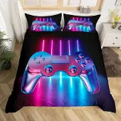 Homewish Bettwäsche-Set 200x200 cm Blau Lila Spielkonsole Muster Mikrofaser 2 Kissenbezüge