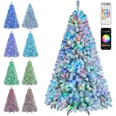 Costway Künstlicher Weihnachtsbaum 180cm mit Schnee & 880 PVC-Spitzen, Tannenbaum mit 300 RGB-LEDs, 22 Lichteffekten, Timer & Metallständer, weiß
