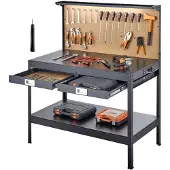 Vevor Werkbank mit Lochwand, 110kg Belastbarer Arbeitstisch inkl. 2 Ablagefächer 2 Schubladen LED-Beleuchtung & Integrierter Steckdosenleiste mit USB, Multifunktionstisch mit Werkzeugwand für Heimwerk