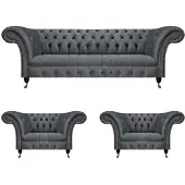 AEA Graue Garnitur Chesterfield Sitzmöbel Designer Couch 2x Polstersessel