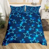 Loussiesd Bettwäsche-Set 200x200cm Blaue Sterne Geometrische Muster Mikrofaser mit 2 Kissenbezügen