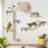 Sonstiges Kletterwand Katzen 10-teilig Katzenmöbel Set mit Brücke, Haus, Kratzbaum & Hängematte Beige