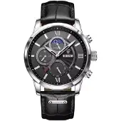 Lige Herrenuhr Schwarz Silber mit Lederarmband und Kalender KP41978