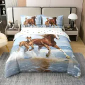 OEM Dekbedovertrek mit Pferdemotiv, 100 % Baumwolle, Kingsize, 3-teilig, blau-braun