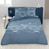 OEM Baumwoll-Dekbedovertrek mit Alpenmotiv, 260x240 cm, Blau