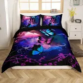 Loussiesd Bettwäsche Set 155x220cm Lila Blau Schmetterling Blumen Mikrofaser
