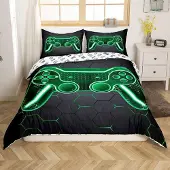 Loussiesd Bettwäsche Set 220x240cm Grün Schwarz Gamepad Geometrisch Wabenmuster 2 Kissenbezüge Mikrofaser