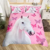 Loussiesd Bettwäsche-Set Mädchen Pferd 135x200cm Rosa Weiß Mikrofaser mit 1 Kissenbezug 80x80cm