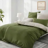 Trankielo – Bettwäsche-Set, 135x200 cm, 4-teilig – Olivgrün/Beige – Mikrofaser, reversible,