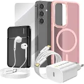 Mayaxess , Komplett-Paket für Galaxy S24 Hülle, Schutzglas, Ladegeräte, Powerbank, Kopfhörer, Rosa