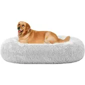 HMTOPE Hundebett rund orthopädisch, kuschelig, waschbar, 100 cm Ø, hellgrau