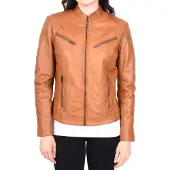 Merkloos Damen Lederjacke – Kragen im Mandarin-Stil – Braun