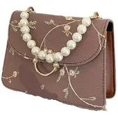 Merkloos Damenhandtasche mit Blumenstickerei und Perlenkette