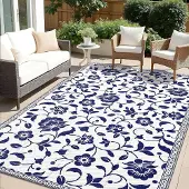 Smiry Outdoor Teppich Blumen Muster Wetterfest 150x240 cm Marine Blau&Weiß