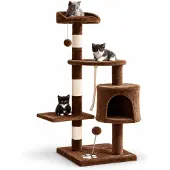 Belviona Katzenkratzbaum, kompakter 112 cm Kratzbaum mit Spielbällen, Sisal & Kuschelhöhle, braun