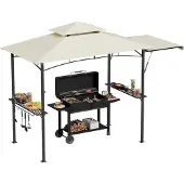 QEENTOE Grillpavillon mit Seitenmarkise, Doppeldach, 2 Seitenregalen & Haken, wasserfeste Grillüberdachung, 245x141x253cm, Beige