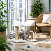Ninkear Design-Katzenbaum, 2 Pom-Poms, 2 Sisal-Kratzpfosten, Plüsch-Plattform (Beige)
