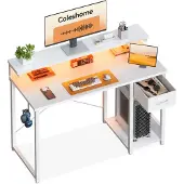 OEM Gamingtisch mit LED, 3 Schubladen, 100x45 cm, Weiß
