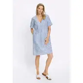 HEINE Sommerkleid "Druck-Kleid Druckkleid im Streifen-Look", Damen, Gr. 36, eisblau, jeansblau, gestreift, Modisch, V-Ausschnitt, Kleider Sommerkleid