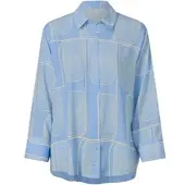 HEINE Hemdbluse "Druck-Bluse Druckbluse", Damen, Gr. 48, blau (eisblau, champagner, bedruckt), Crepe, , Modisch, V-Ausschnitt, Blusen Hemdbluse
