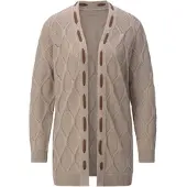 Witt Strickjacke "Strickjacke Longstrickjacke mit kontrastfarbigen Details", Damen, Gr. 42, beige (sesam), Sportlich, V-Ausschnitt, Strickjacken Strickjacke