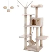Dripio Kletterbaum XXL, 154 cm, mit Hängematte, Höhle und Sisal, grau/beige