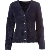 Witt Strickjacke "Strickjacke Strickjacke mit Schmuckknöpfen", Damen, Gr. 48, blau (marine), Elegant, V-Ausschnitt, Strickjacken Strickjacke