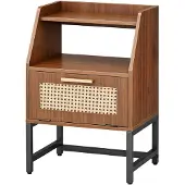OEM Beistelltisch mit Klapptür, Rattan-Optik, 40x30x60 cm, Walnuss/Schwarz