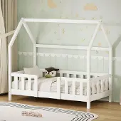 OEM Kinderbett 70x140 cm mit Rausfallschutz, Hausbett, Kiefernholz, weiß