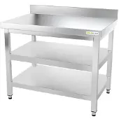 GOLDINOX Arbeitstisch aus Edelstahl, 1000 x 600 mm, mit Rückenverkleidung und 2 PREMIUM-Regalen -