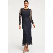 HEINE Jerseykleid "Abendkleid Elegantes Abendkleid mit Stickerei", Damen, Gr. 42, N-Gr, schwarz (marine), Elegant, Rundhals, Kleider Jerseykleid