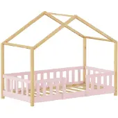 En.casa Kinderbett ’Treviolo‘ in Haus-Optik mit Rausfallschutz Kiefernholz 80 x 160 cm Rosa / Natur