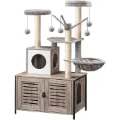 Dripio Kratzbaum mit Katzenklo, 2-in-1, Grau Beige, 60x48x150 cm