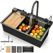 OEM Einbauspüle 80x45x23 cm, 1 Becken, schwarz, mit Wasserfall-Armatur