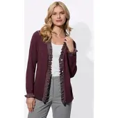Sieh an! Strickjacke SIEH AN "Strickjacke Strickjacke mit Rüschen", Damen, Gr. 42, lila (burgund), Elegant, V-Ausschnitt, Strickjacken Strickjacke