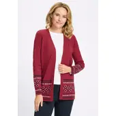 Sieh an! Strickjacke SIEH AN "Long-Strickjacke Longstrickjacke mit Bordüren-Muster", Damen, Gr. 46, rot (kirsche, marine), Jacquard, , Basic, Strickjacken Strickjacke